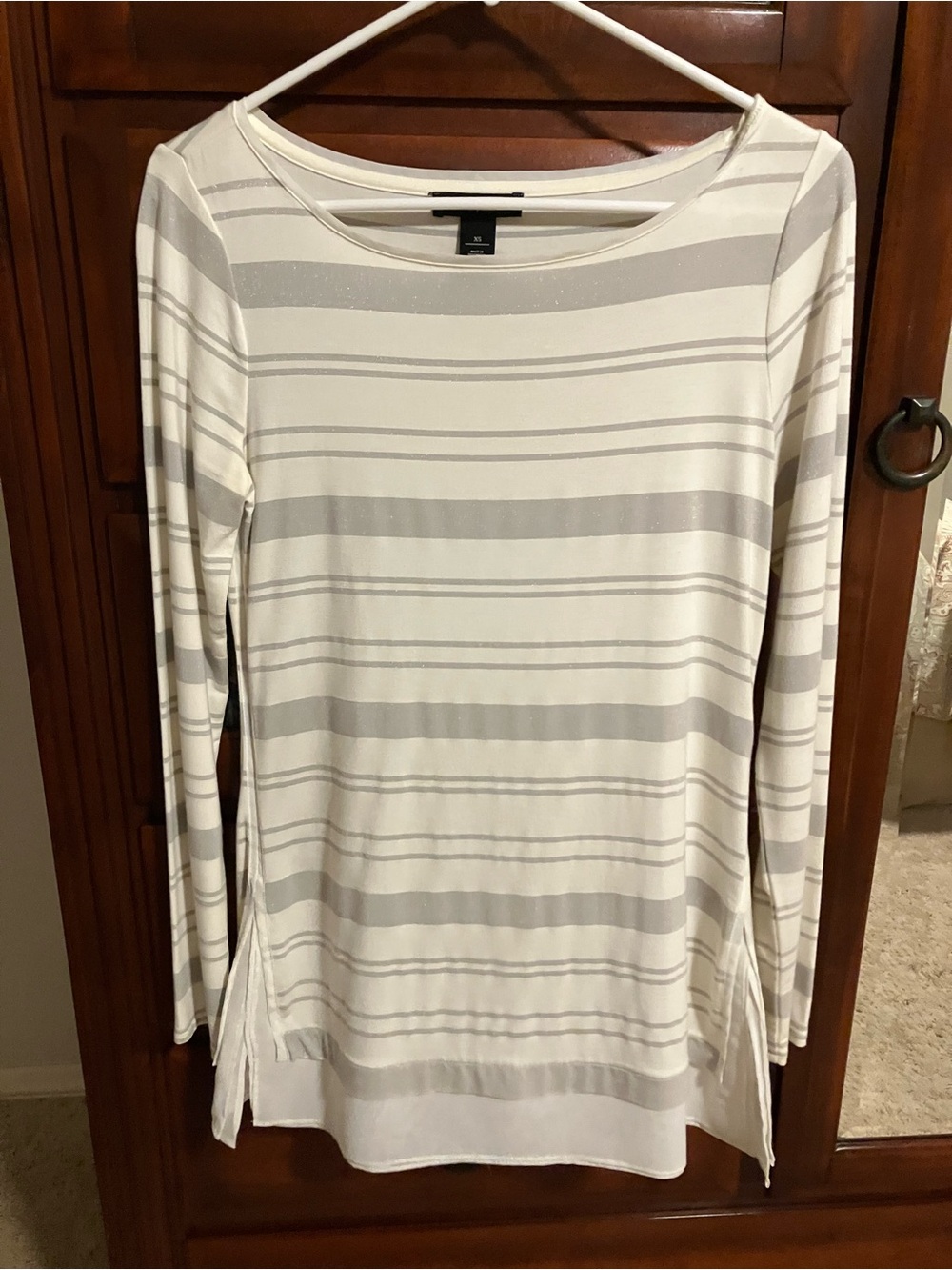 White House Black Market Cream & Light Gray Striped Long-Sleeve Tunic